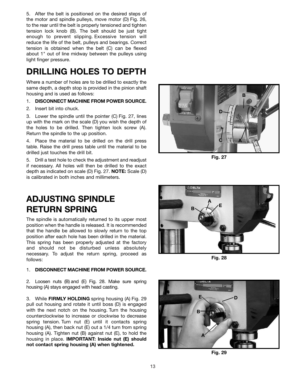 Drilling holes to depth, Adjusting spindle return spring | Delta DP200 User Manual | Page 13 / 16