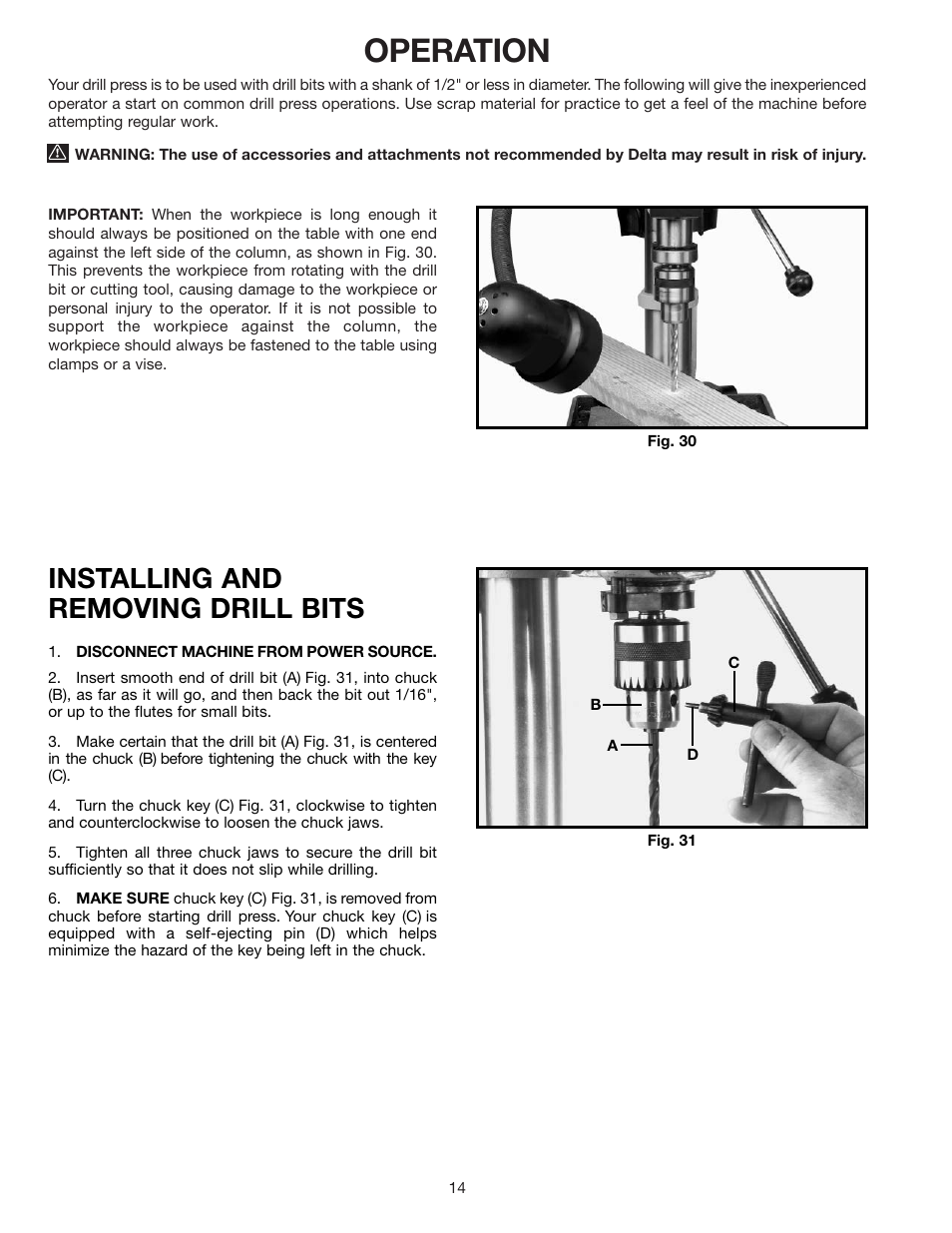 Operation, Installing and removing drill bits | Delta DP200 User Manual | Page 14 / 16