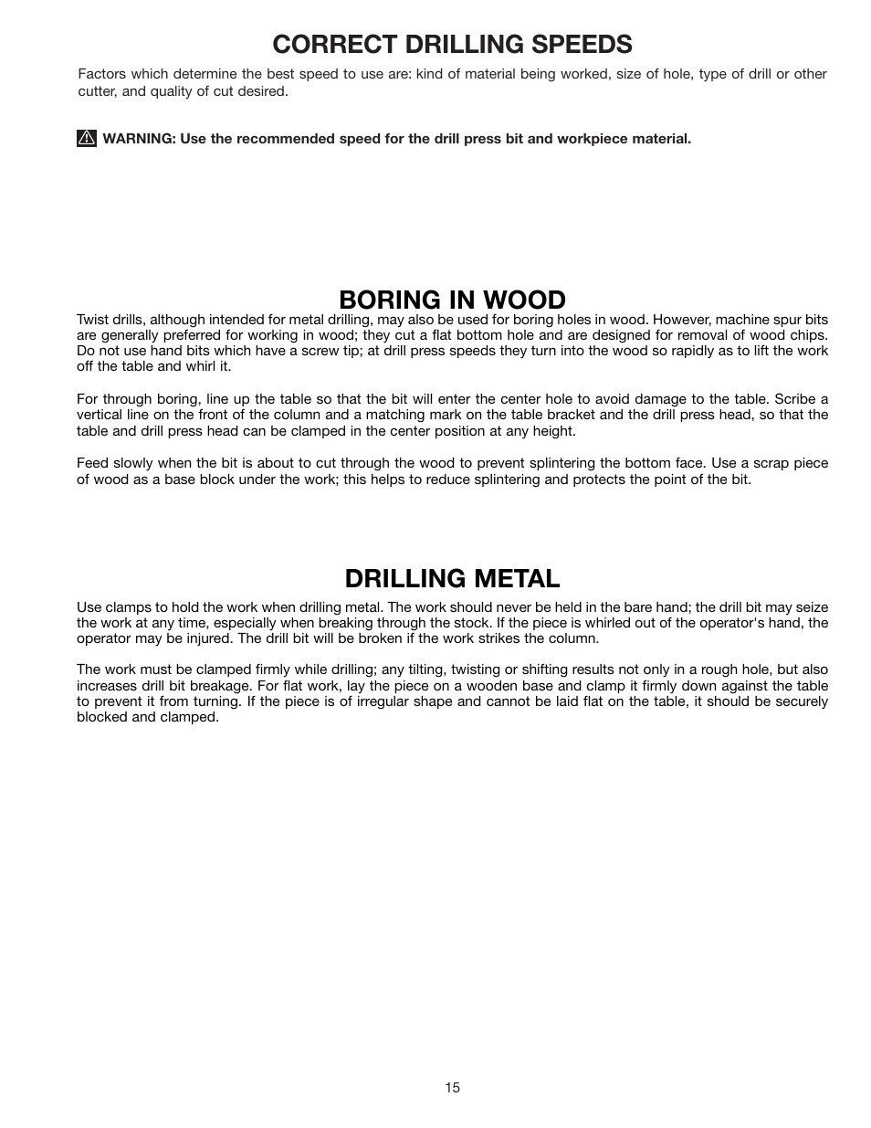 Correct drilling speeds, Boring in wood, Drilling metal | Delta DP200 User Manual | Page 15 / 16