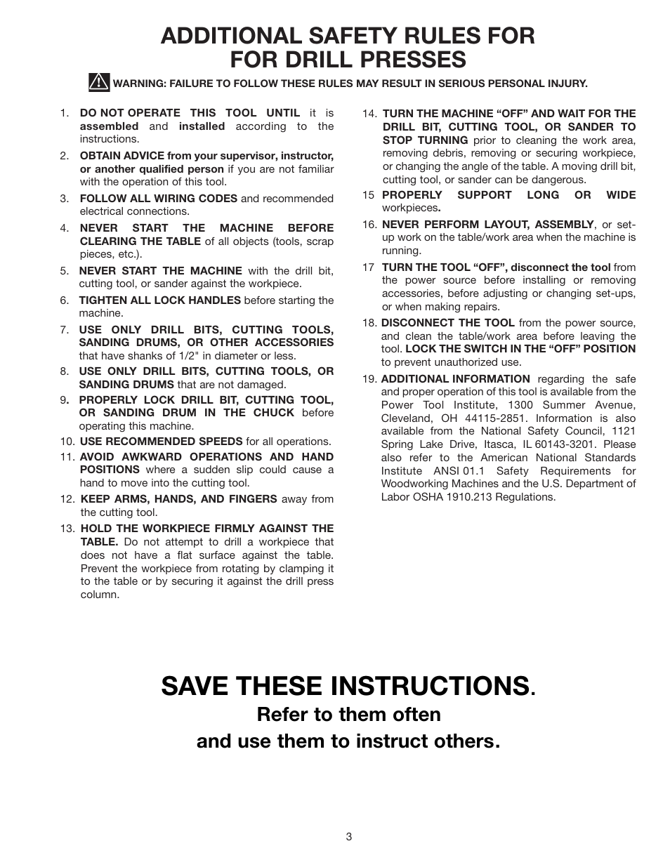 Save these instructions, Additional safety rules for for drill presses | Delta DP200 User Manual | Page 3 / 16