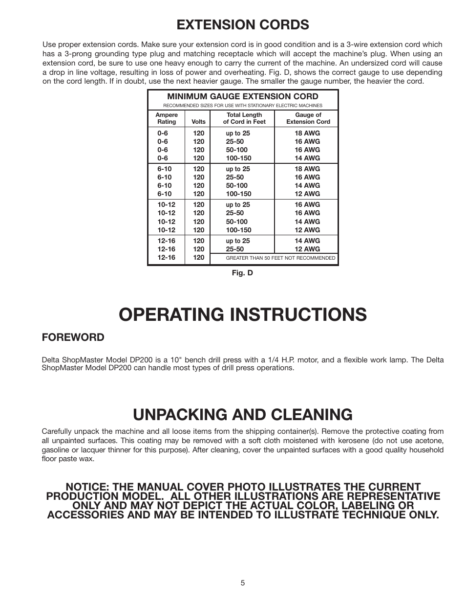 Operating instructions, Unpacking and cleaning, Extension cords | Foreword | Delta DP200 User Manual | Page 5 / 16