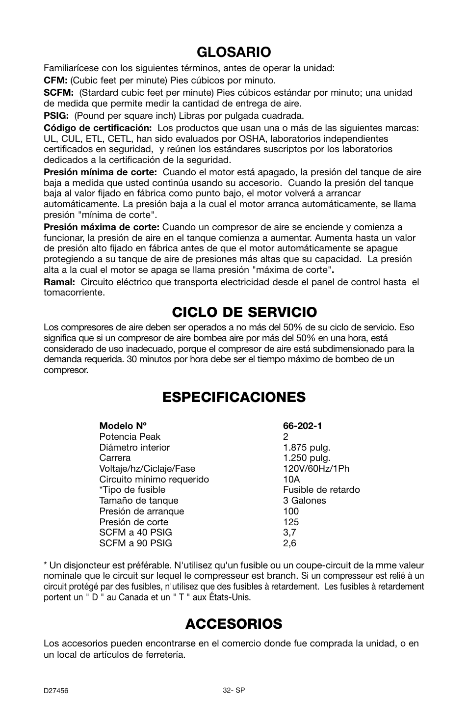 Accesorios, Glosario ciclo de servicio, Especificaciones | Delta 66-202-1 User Manual | Page 32 / 72