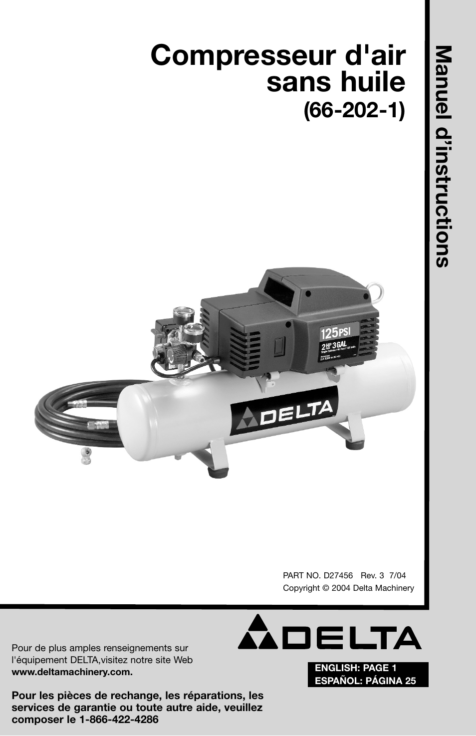 Compresseur d'air sans huile, Manuel d’instructions | Delta 66-202-1 User Manual | Page 49 / 72