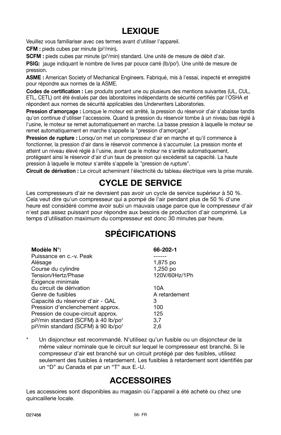 Lexique, Cycle de service, Accessoires | Spécifications | Delta 66-202-1 User Manual | Page 56 / 72
