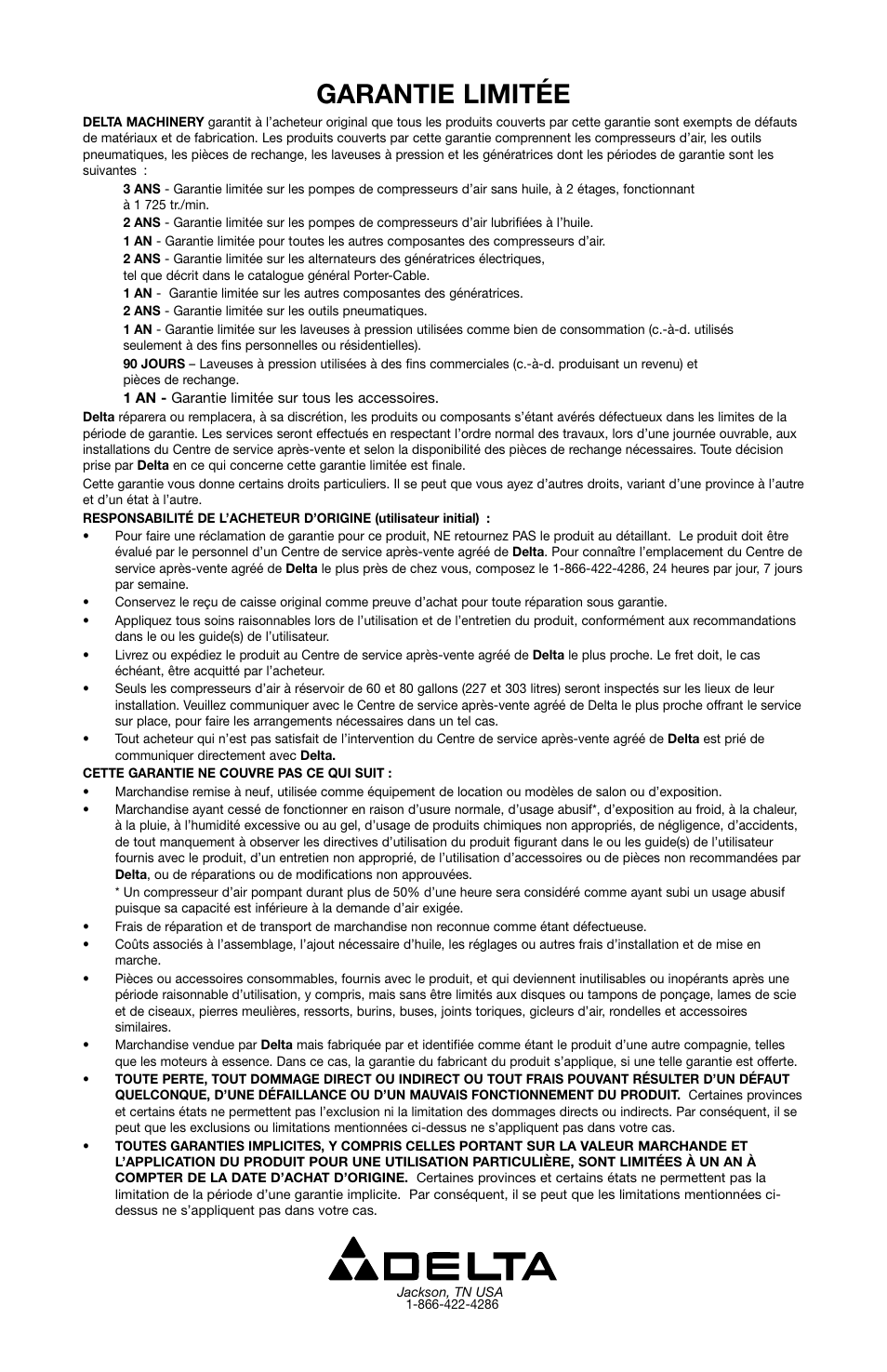 Garantie limitée | Delta 66-202-1 User Manual | Page 72 / 72