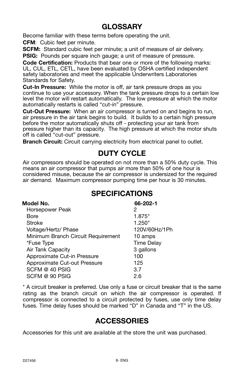 Glossary, Duty cycle, Accessories | Specifications | Delta 66-202-1 User Manual | Page 8 / 72