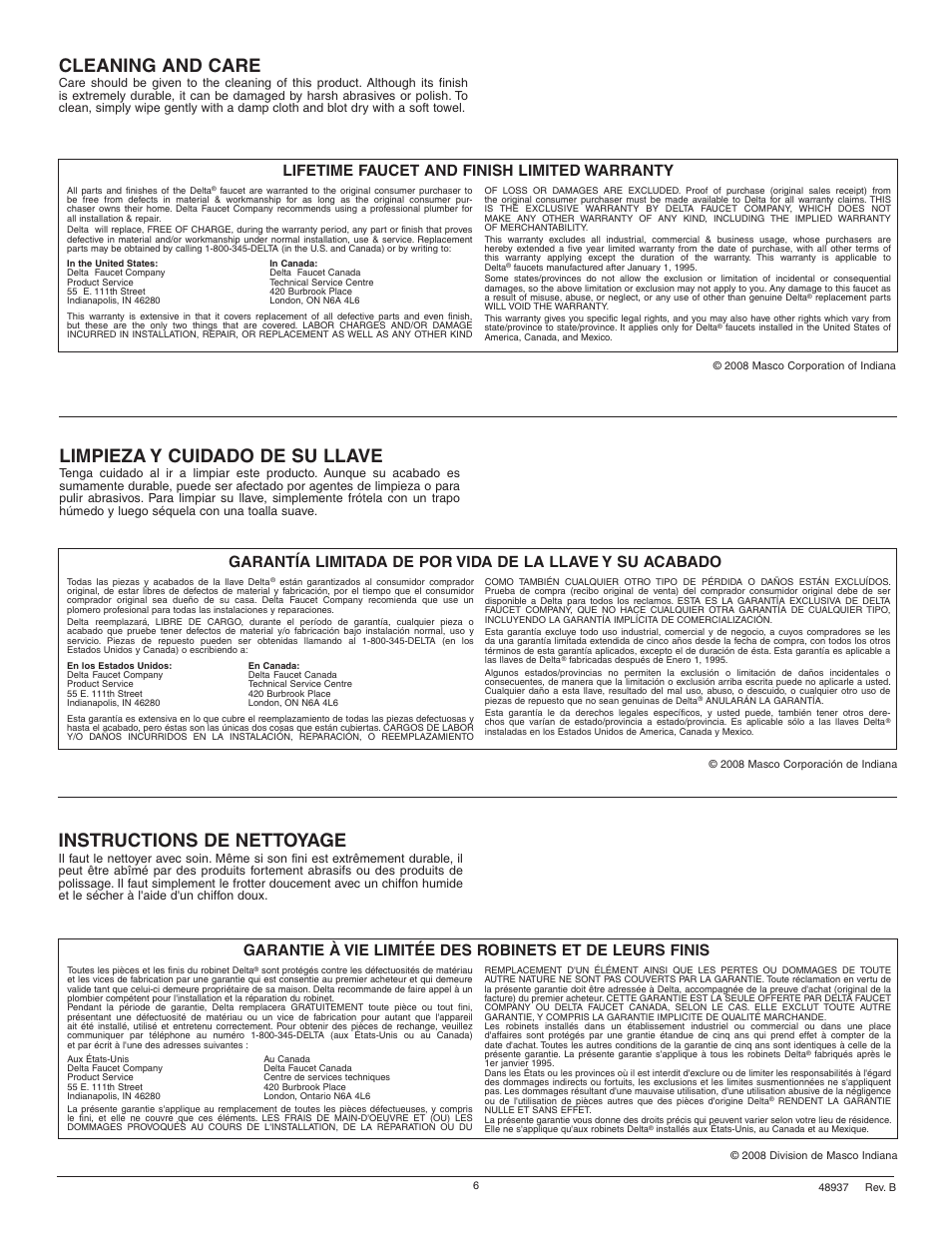 Cleaning and care, Instructions de nettoyage, Limpieza y cuidado de su llave | Lifetime faucet and finish limited warranty | Delta 25915 Series User Manual | Page 6 / 6