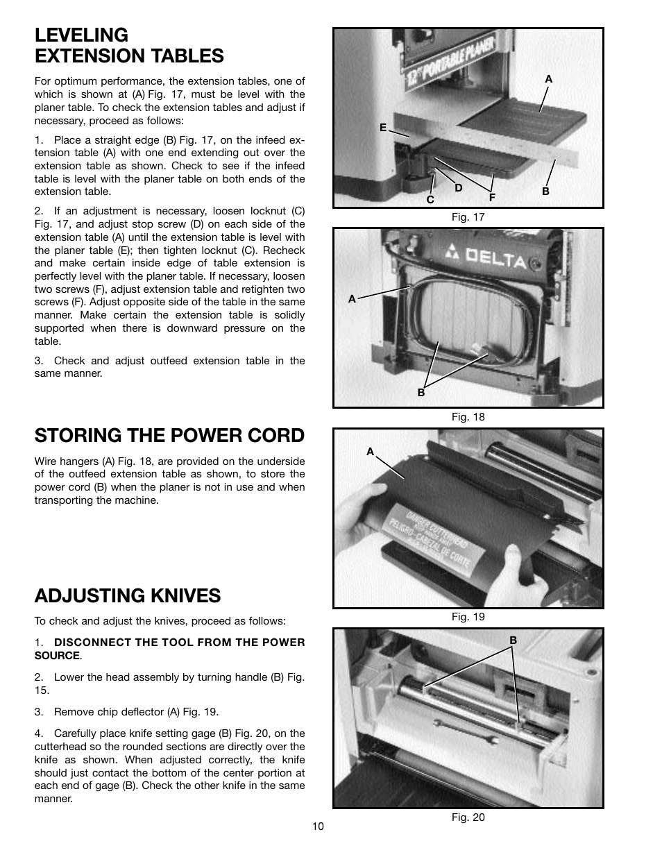 Leveling extension tables, Storing the power cord, Adjusting knives | Delta 22-540 User Manual | Page 10 / 17