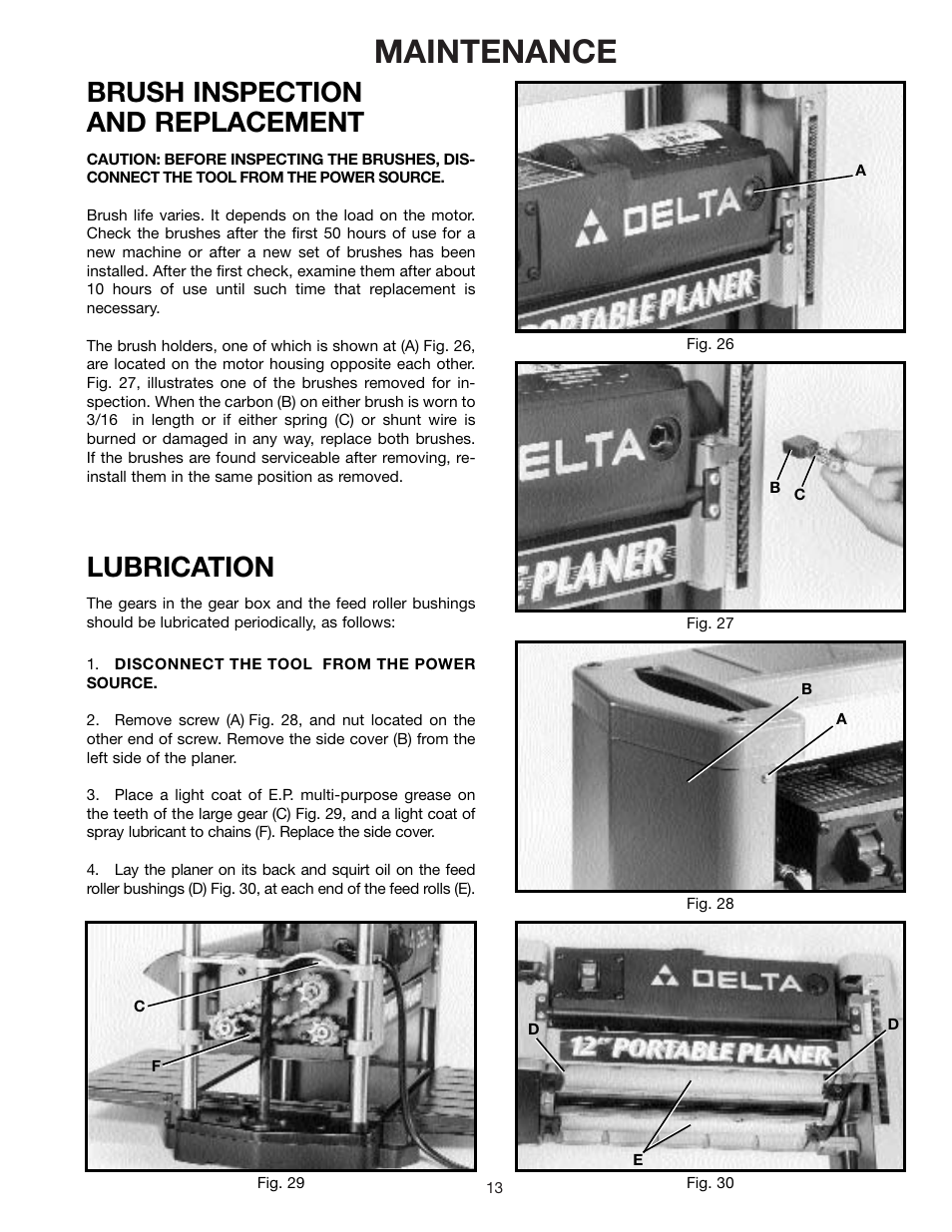Maintenance, Brush inspection and replacement, Lubrication | Delta 22-540 User Manual | Page 13 / 17
