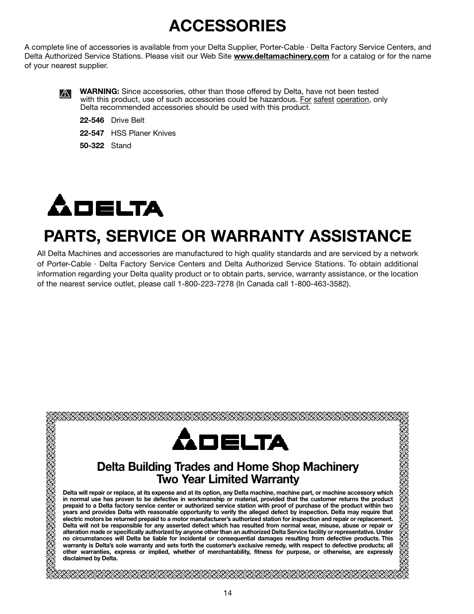 Parts, service or warranty assistance, Accessories | Delta 22-540 User Manual | Page 14 / 17