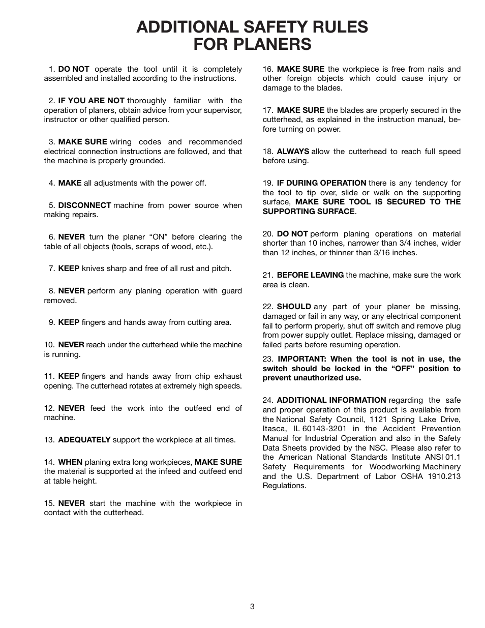 Additional safety rules for planers | Delta 22-540 User Manual | Page 3 / 17