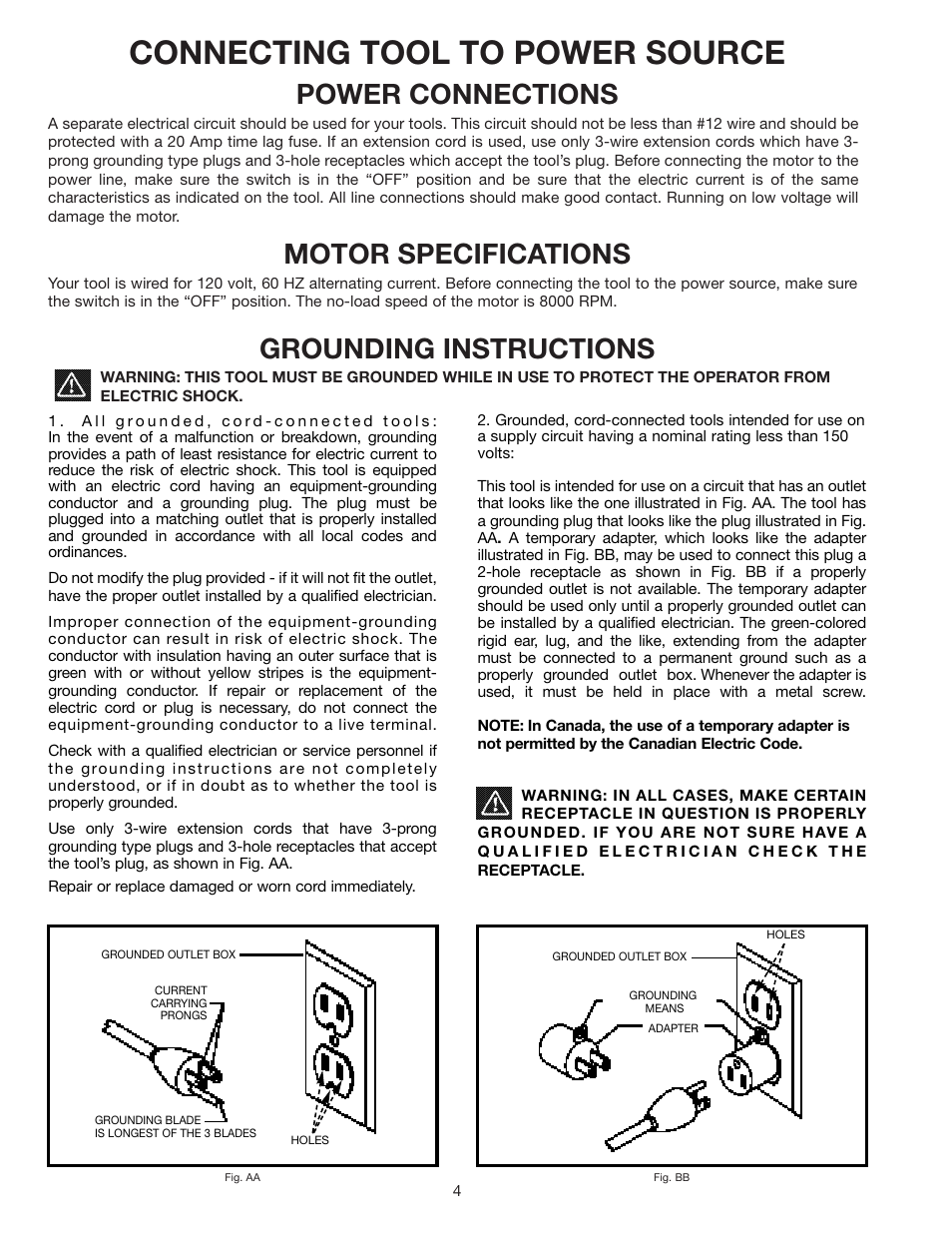 Connecting tool to power source, Power connections, Motor specifications | Grounding instructions | Delta 22-540 User Manual | Page 4 / 17