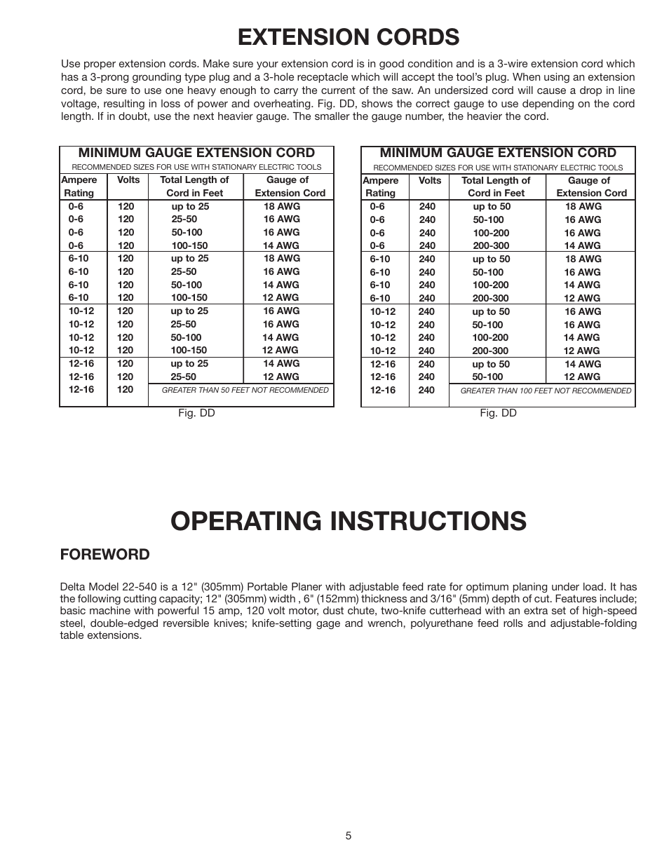 Operating instructions, Extension cords, Foreword | Delta 22-540 User Manual | Page 5 / 17