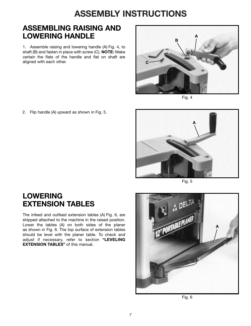 Assembly instructions, Assembling raising and lowering handle, Lowering extension tables | Delta 22-540 User Manual | Page 7 / 17