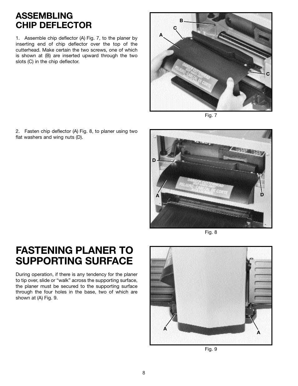 Fastening planer to supporting surface, Assembling chip deflector | Delta 22-540 User Manual | Page 8 / 17