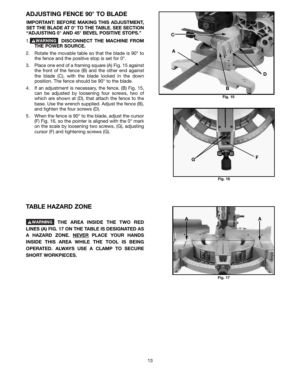 Adjusting fence 90° to blade, Table hazard zone | Delta 36-255L User Manual | Page 13 / 25