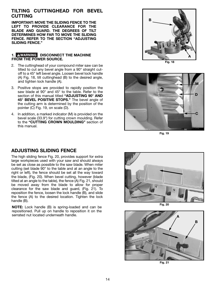 Tilting cuttinghead for bevel cutting, Adjusting sliding fence | Delta 36-255L User Manual | Page 14 / 25