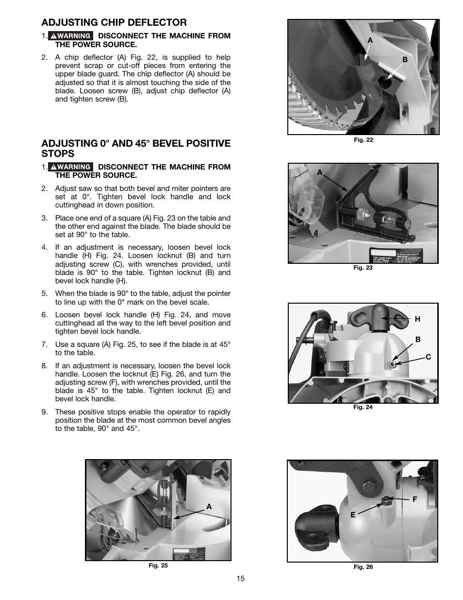 Adjusting chip deflector, Adjusting 0° and 45° bevel positive stops | Delta 36-255L User Manual | Page 15 / 25