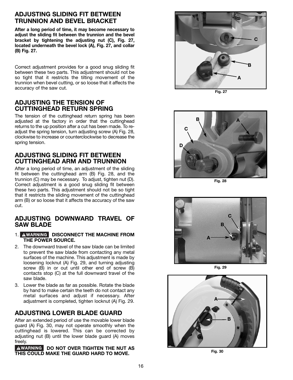 Adjusting the tension of cuttinghead return spring, Adjusting downward travel of saw blade, Adjusting lower blade guard | Delta 36-255L User Manual | Page 16 / 25