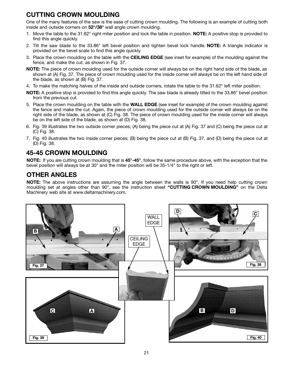 Cutting crown moulding, 45 crown moulding, Other angles | Delta 36-255L User Manual | Page 21 / 25