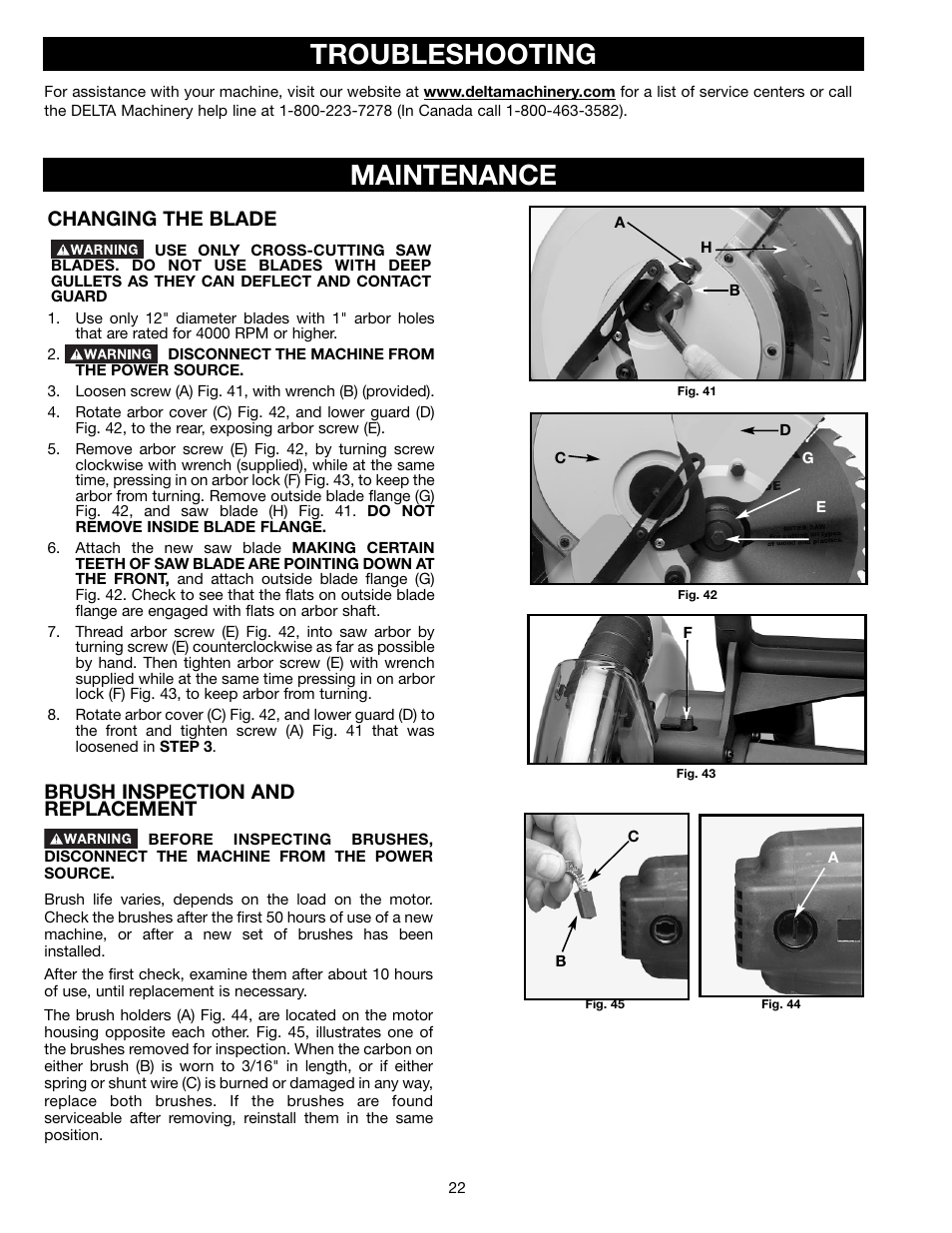 Maintenance troubleshooting, Changing the blade, Brush inspection and replacement | Delta 36-255L User Manual | Page 22 / 25