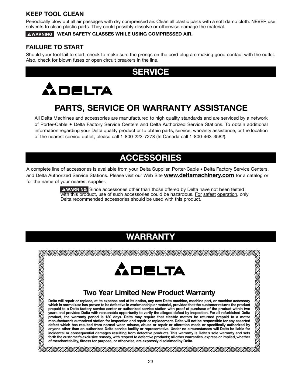 Parts, service or warranty assistance, Accessories, Service warranty | Two year limited new product warranty | Delta 36-255L User Manual | Page 23 / 25