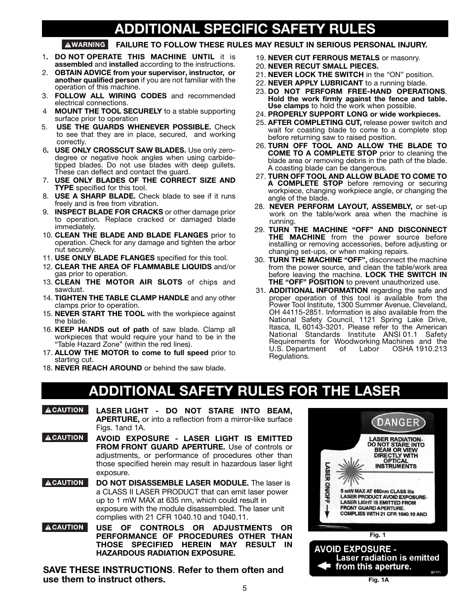 Additional specific safety rules, Additional safety rules for the laser | Delta 36-255L User Manual | Page 5 / 25