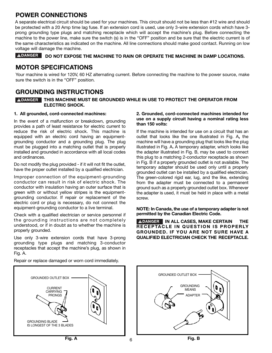 Power connections motor specifications, Grounding instructions | Delta 36-255L User Manual | Page 6 / 25