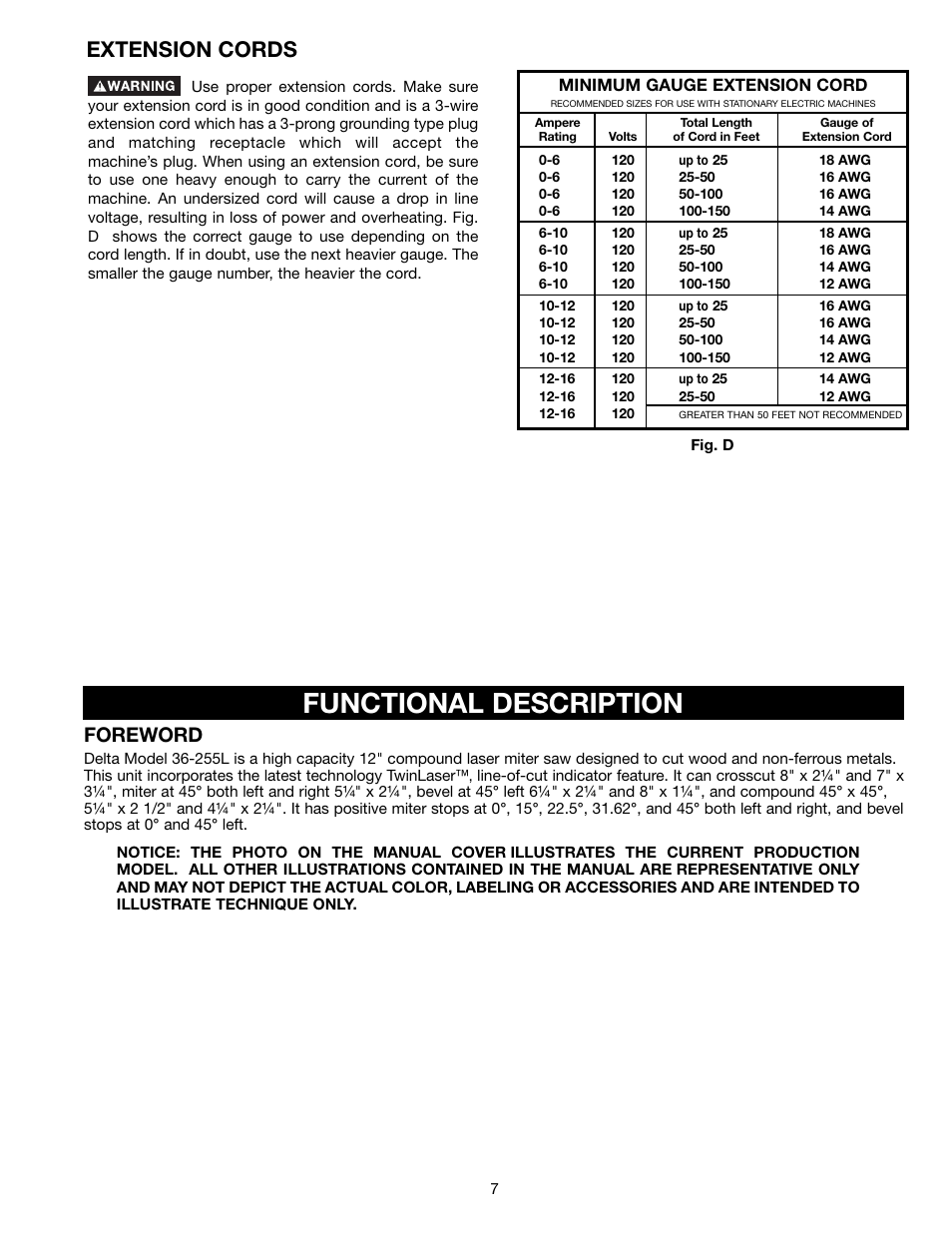 Functional description, Extension cords, Foreword | Delta 36-255L User Manual | Page 7 / 25