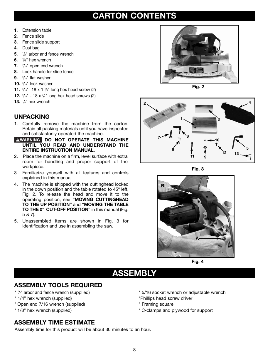 Assembly carton contents, Unpacking, Assembly tools required | Assembly time estimate | Delta 36-255L User Manual | Page 8 / 25