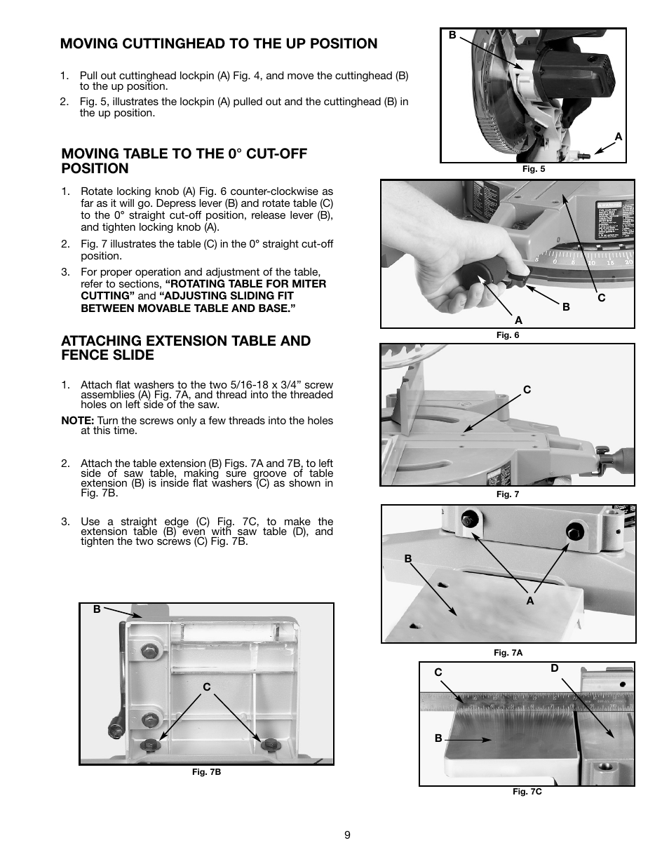Moving table to the 0° cut-off position, Attaching extension table and fence slide, Moving cuttinghead to the up position | Delta 36-255L User Manual | Page 9 / 25