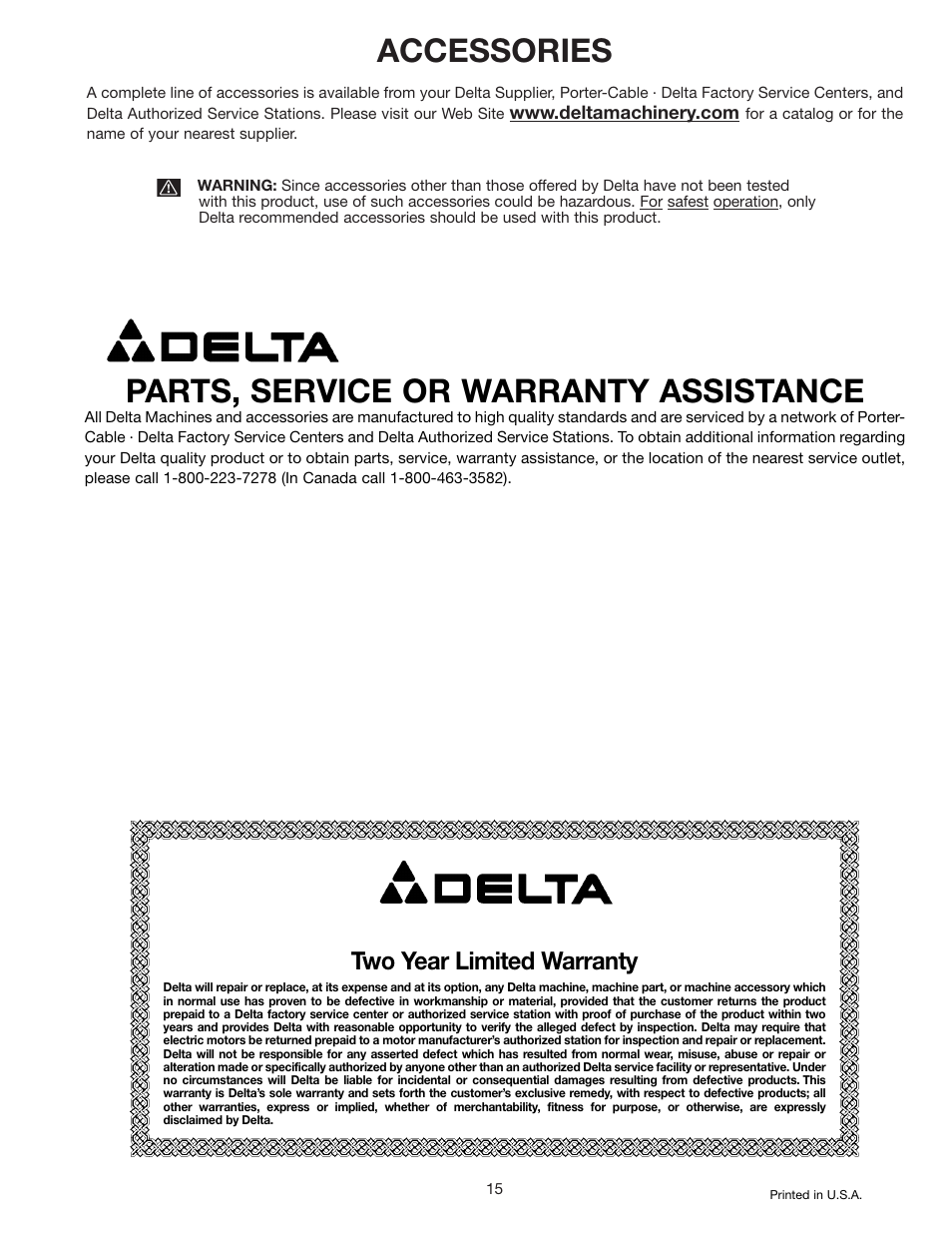 Accessories, Parts, service or warranty assistance, Two year limited warranty | Delta 50-866 User Manual | Page 15 / 16