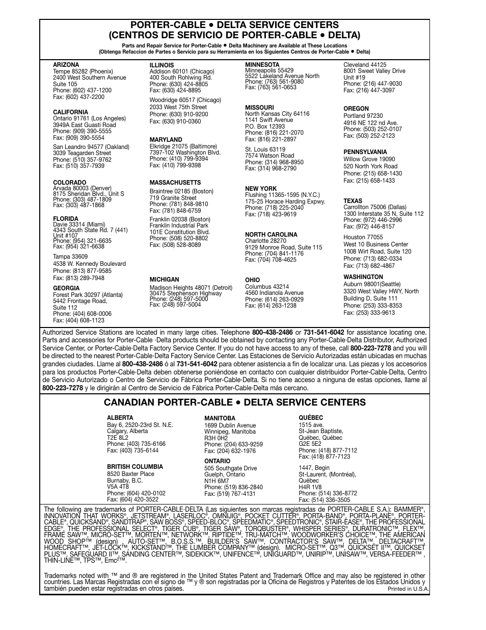 Porter-cable, Delta), Canadian porter-cable | Delta service centers | Delta 50-866 User Manual | Page 16 / 16