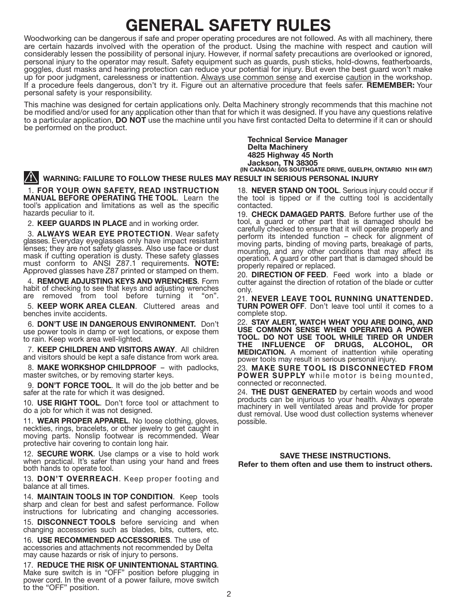 General safety rules | Delta 50-866 User Manual | Page 2 / 16