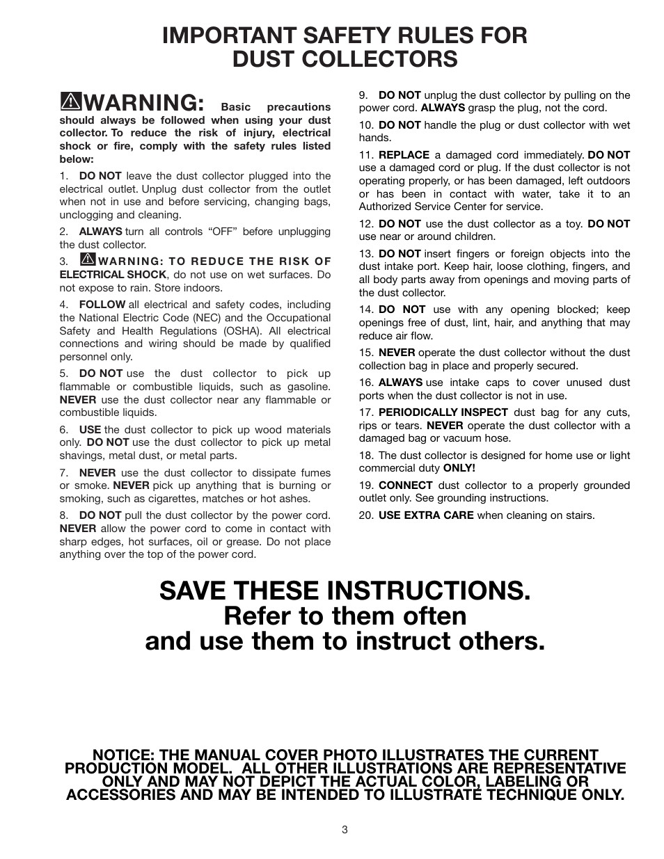 Important safety rules for dust collectors warning | Delta 50-866 User Manual | Page 3 / 16