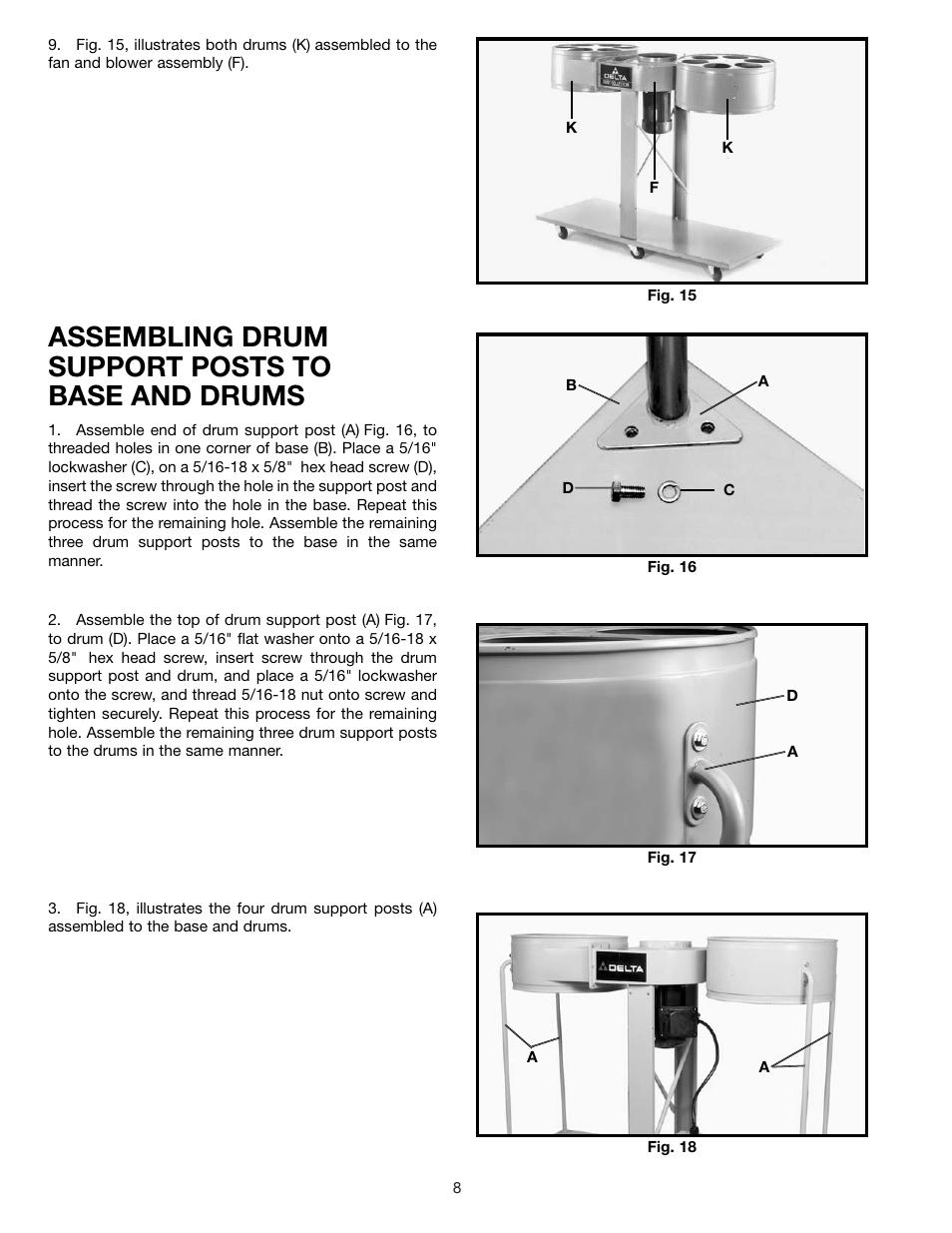 Assembling drum support posts to base and drums | Delta 50-866 User Manual | Page 8 / 16