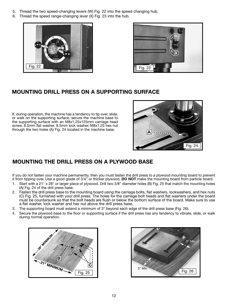 Mounting drill press on a supporting surface, Mounting the drill press on a plywood base | Delta 17-990X User Manual | Page 12 / 20