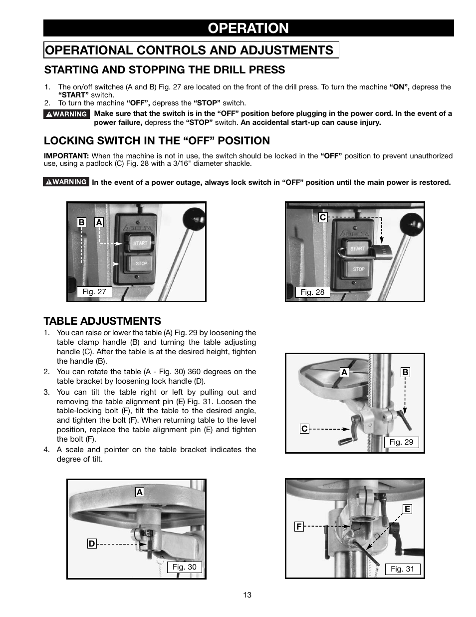 Operation, Operational controls and adjustments, Locking switch in the “off” position | Table adjustments, Starting and stopping the drill press | Delta 17-990X User Manual | Page 13 / 20