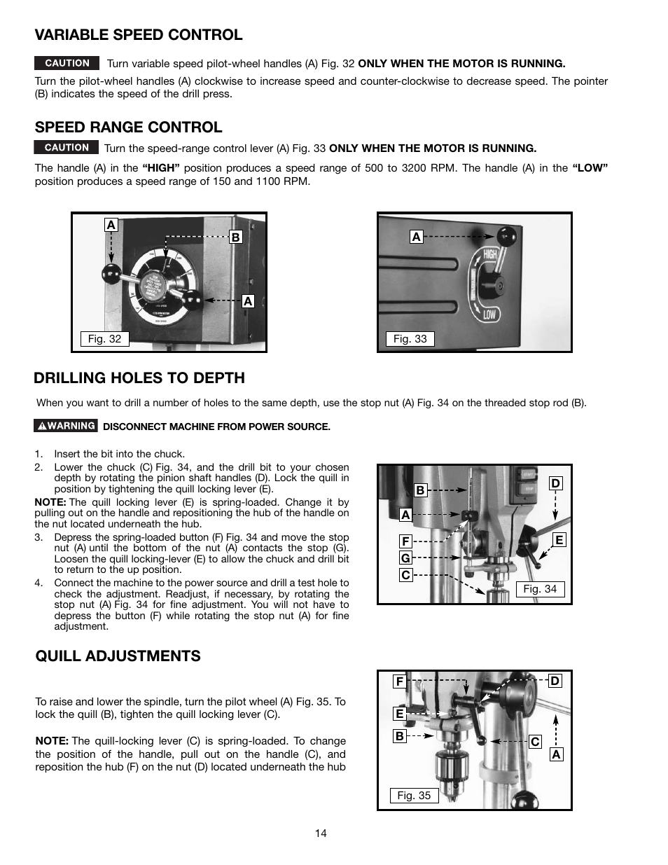 Drilling holes to depth, Variable speed control, Speed range control | Quill adjustments | Delta 17-990X User Manual | Page 14 / 20