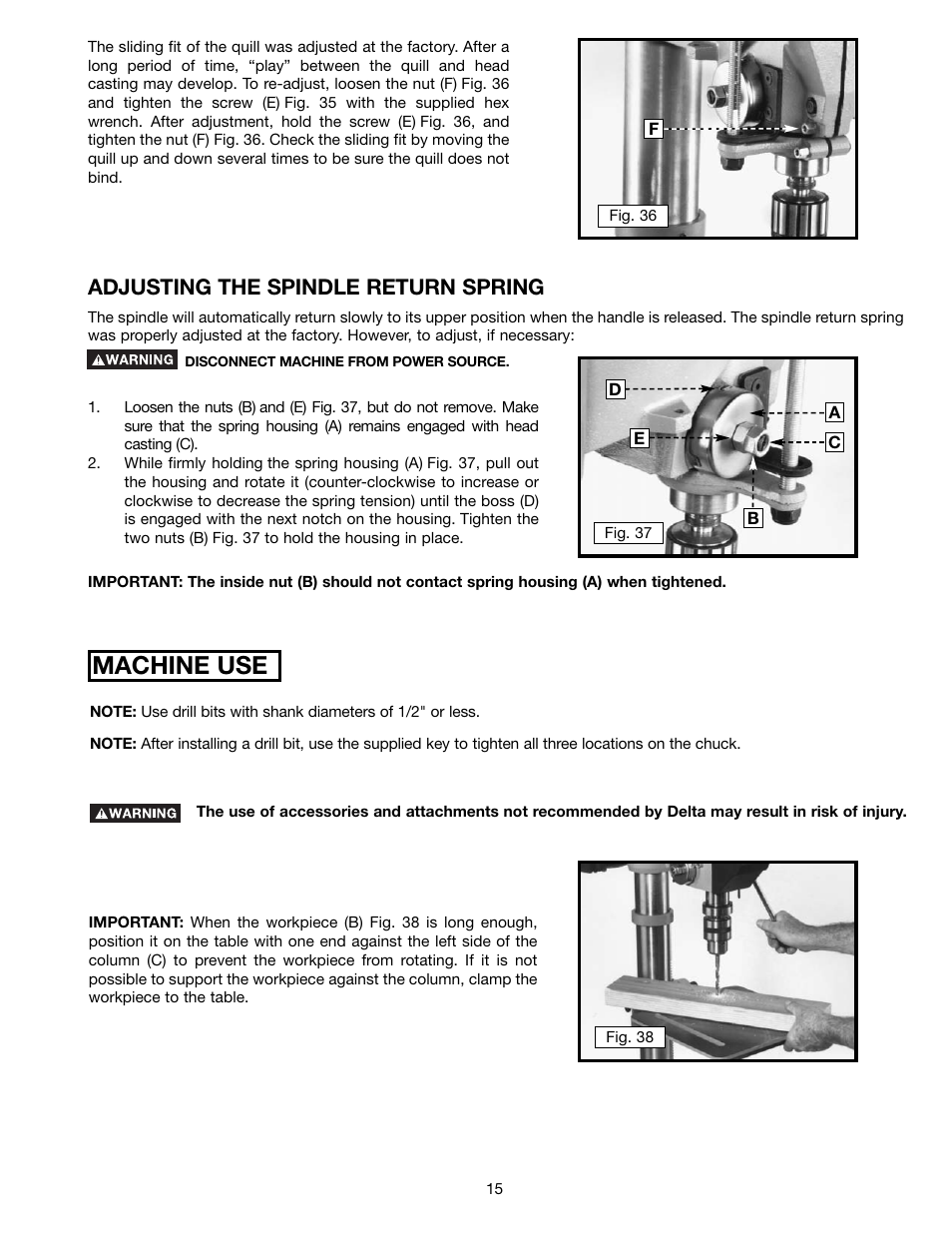 Machine use, Adjusting the spindle return spring | Delta 17-990X User Manual | Page 15 / 20