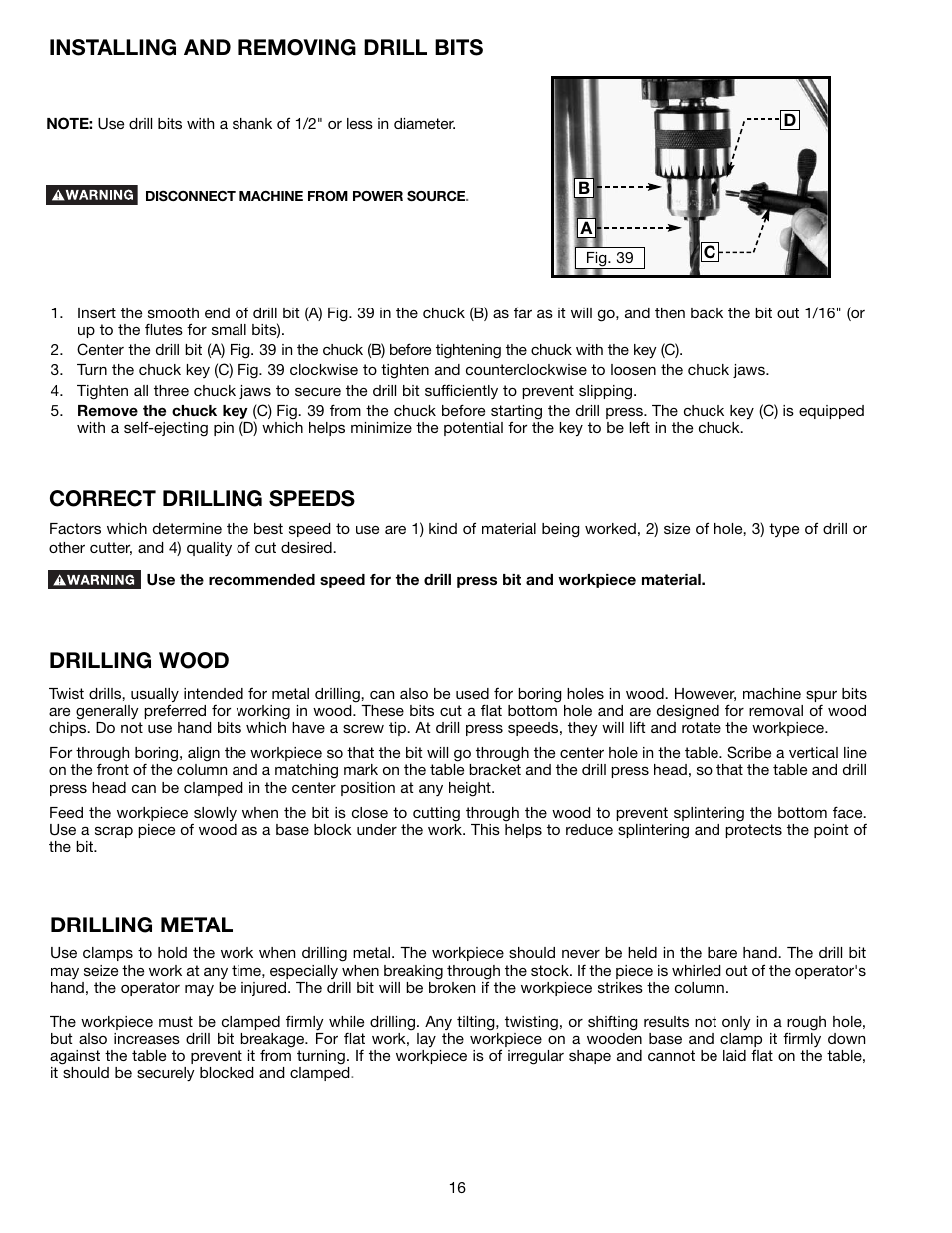 Drilling wood, Drilling metal | Delta 17-990X User Manual | Page 16 / 20