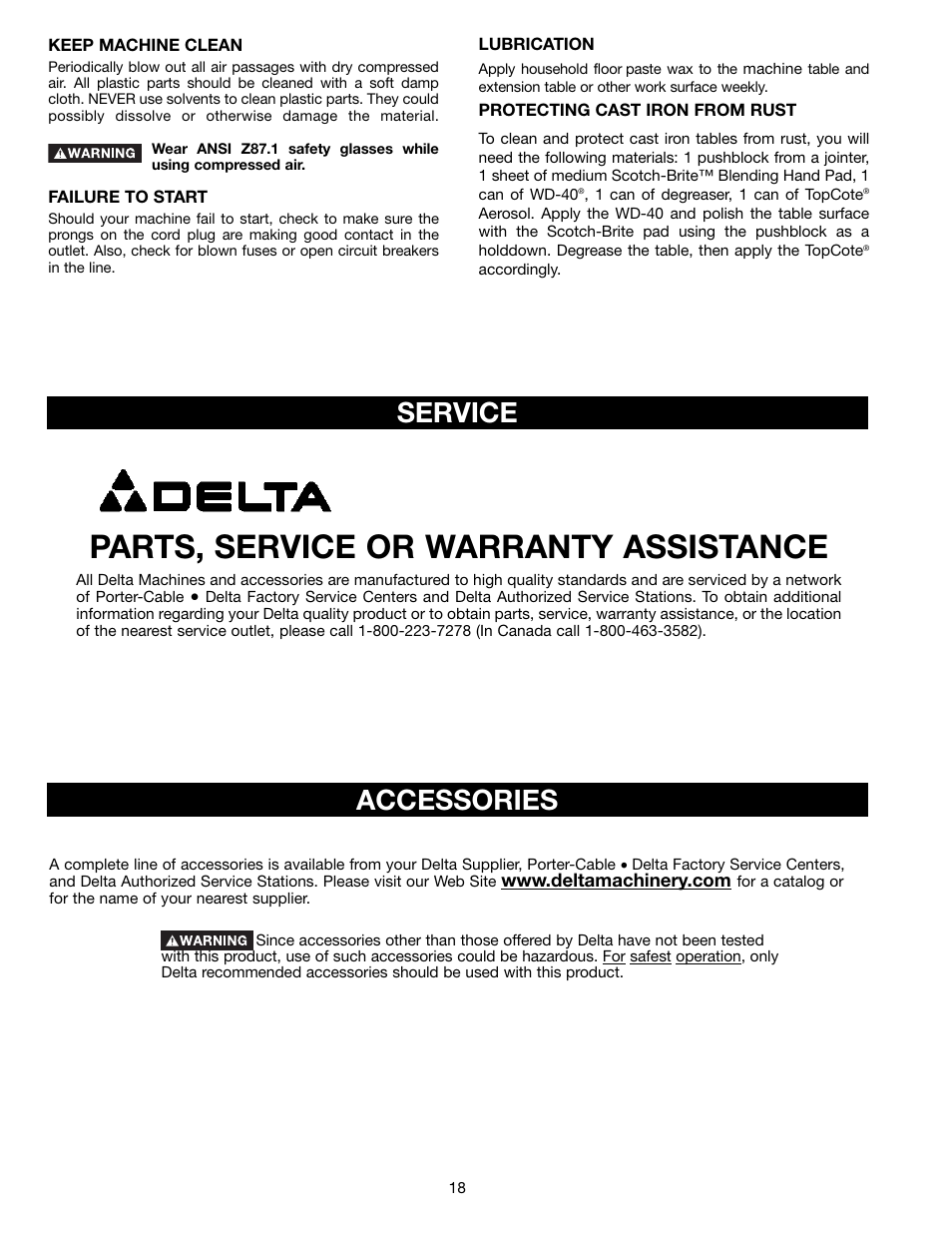 Parts, service or warranty assistance, Accessories service | Delta 17-990X User Manual | Page 18 / 20