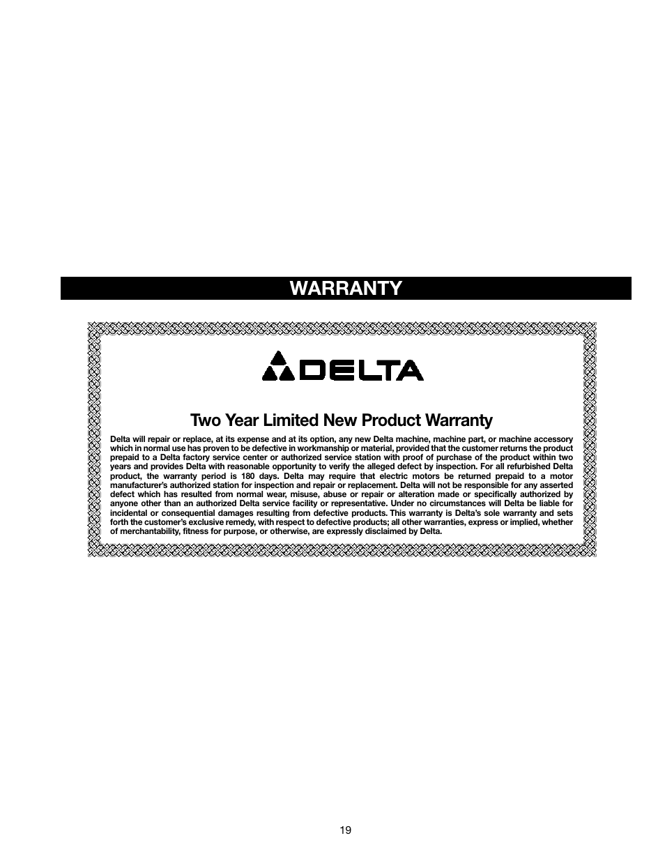 Warranty, Two year limited new product warranty | Delta 17-990X User Manual | Page 19 / 20