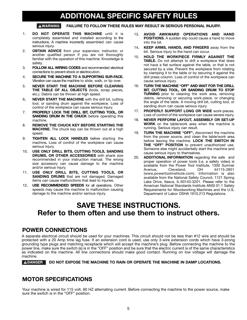 Power connections motor specifications | Delta 17-990X User Manual | Page 5 / 20