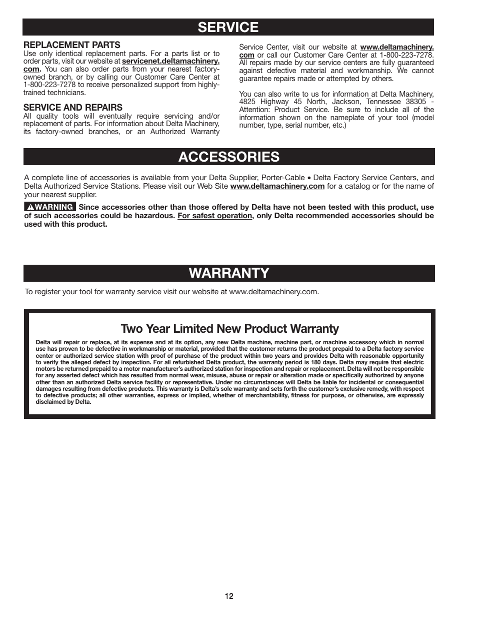 Accessories, Warranty, Service | Two year limited new product warranty | Delta AP-100 User Manual | Page 12 / 36