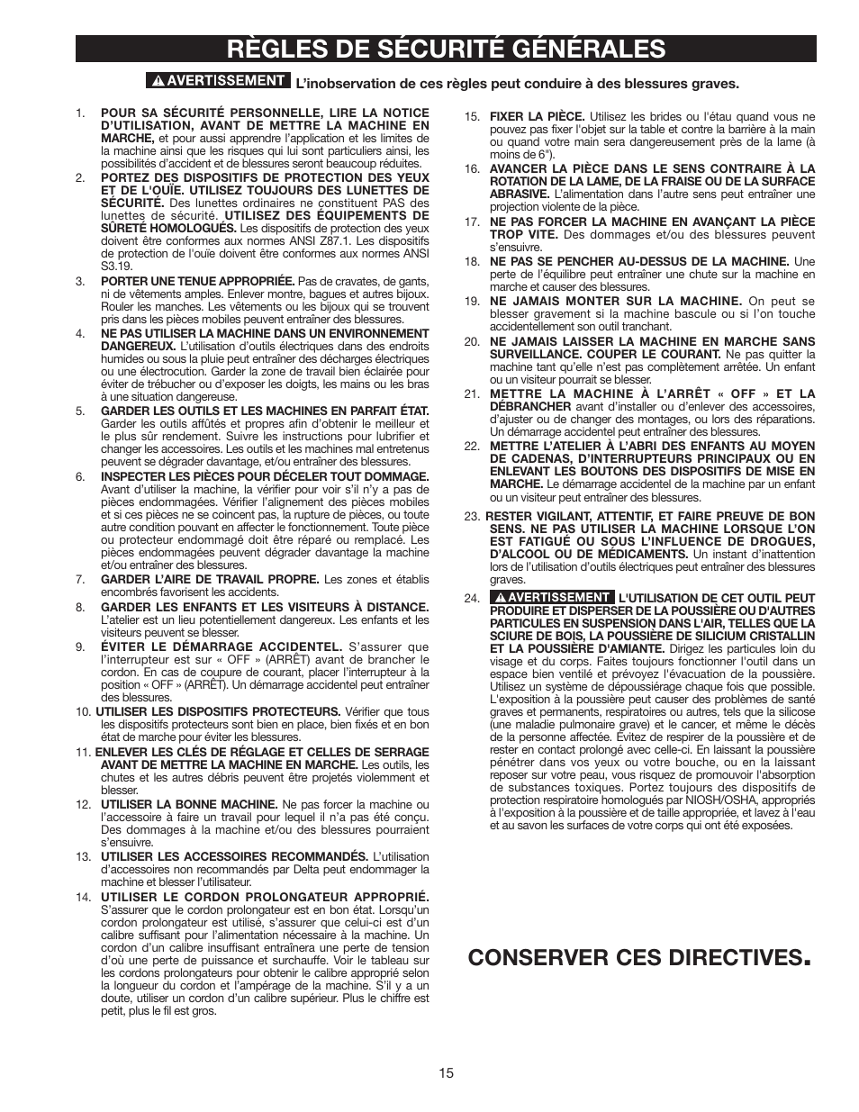 Règles de sécurité générales, Conserver ces directives | Delta AP-100 User Manual | Page 15 / 36