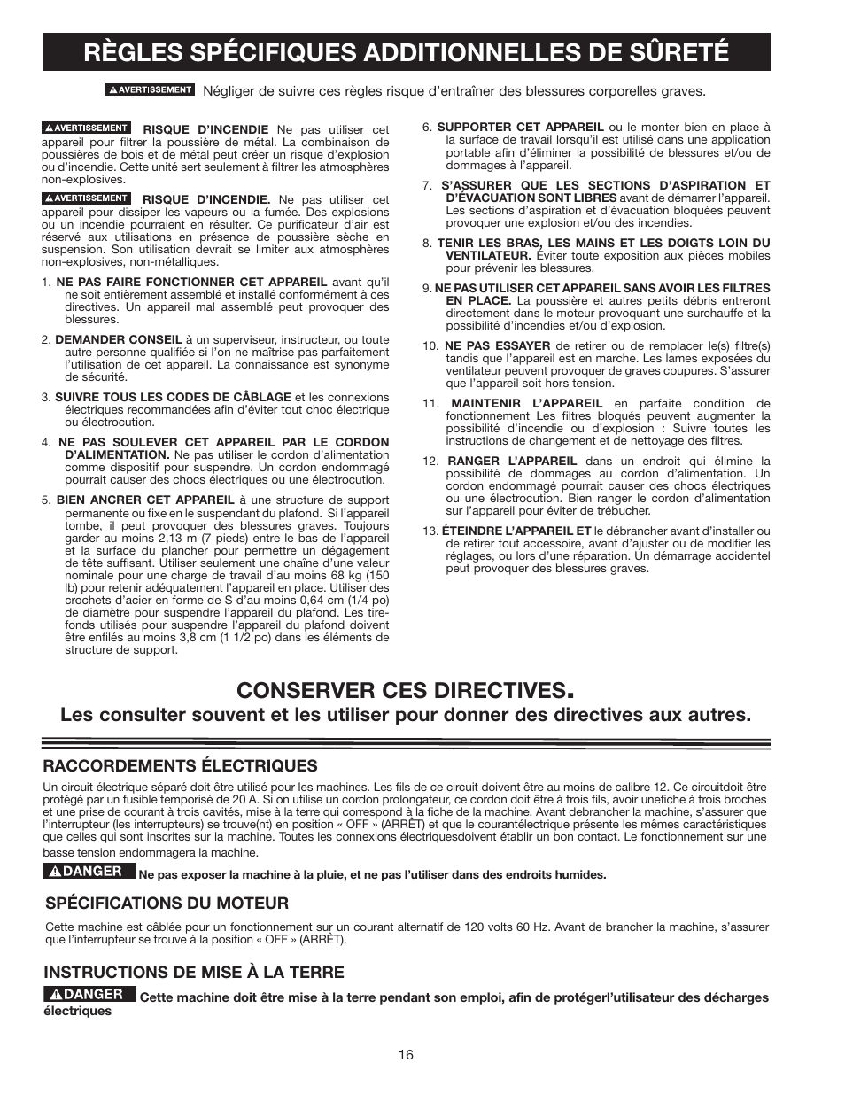 Règles spécifiques additionnelles de sûreté, Conserver ces directives | Delta AP-100 User Manual | Page 16 / 36