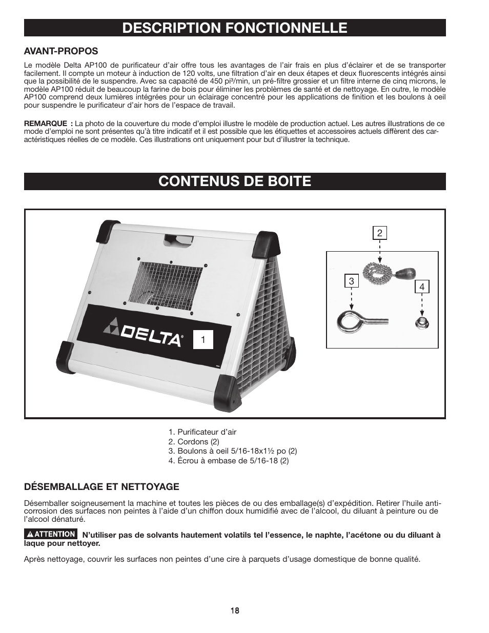 Description fonctionnelle, Contenus de boite | Delta AP-100 User Manual | Page 18 / 36