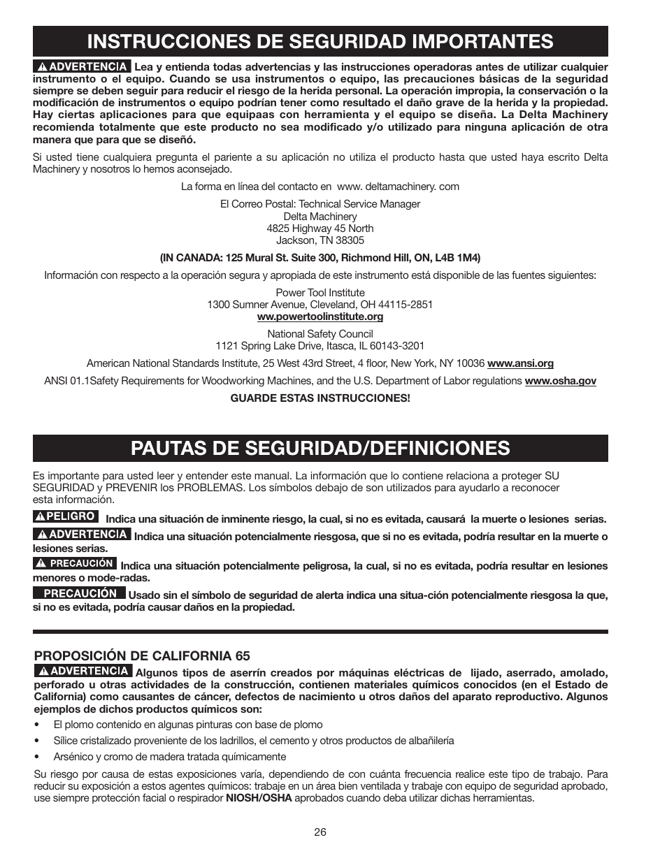 Pautas de seguridad/definiciones, Instrucciones de seguridad importantes | Delta AP-100 User Manual | Page 26 / 36