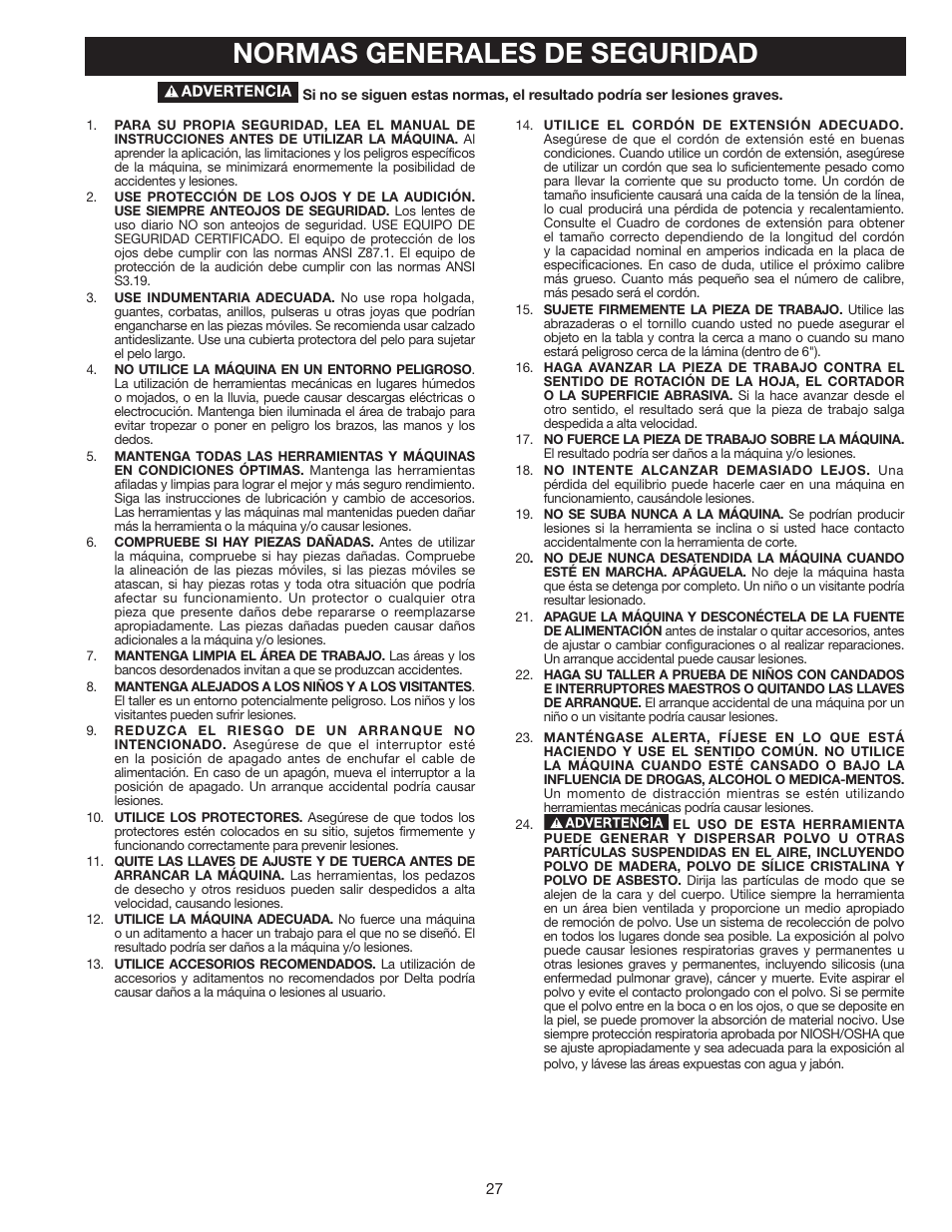 Normas generales de seguridad | Delta AP-100 User Manual | Page 27 / 36